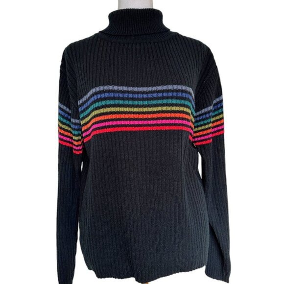 Vintage Sweaters - Vintage Rainbow Stripe Black Turtleneck Sweater Size M